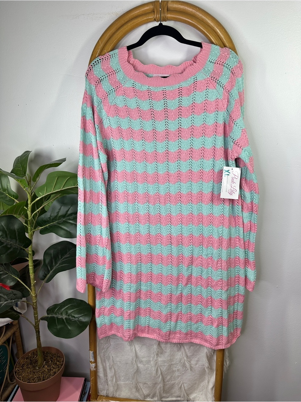 Pink Lily Pink and Blue Crotchet Cover Up Dress sz L